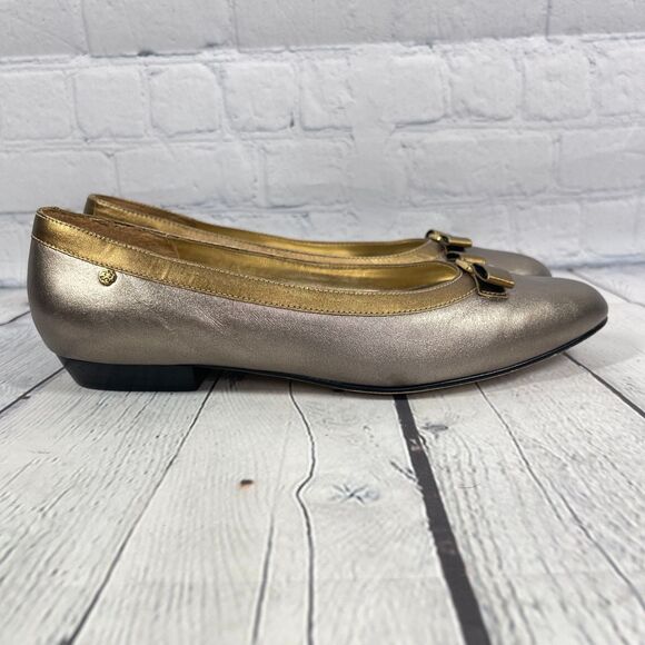 Vintage 90’s Loafers Womens 9.5 Silver Gold Leather Bow Flat Comfort Shoes Party - Picture 1 of 13